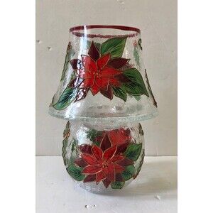 Celebrations Poinsettia 10" Candle Lamp Christmas Crackle Glass